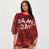 Round neck half sleeve loose beaded printed dress for women's party sequins