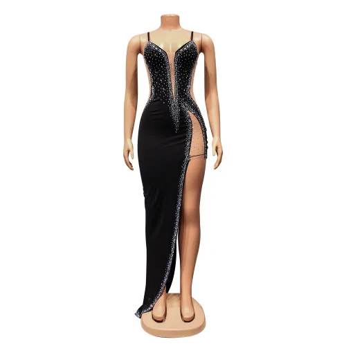 Women's Fashion Sexy Mesh Hot Diamond Irregular Strap Women's Dress