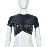 PU leather round neck exposed navel versatile tight solid color short sleeved top