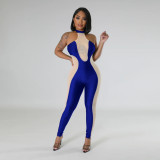 Hanging neck, backless mesh panel, contrasting color tight, hip lifting jumpsuit without sleeves