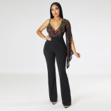 Sequin V-neck bra one shoulder cape sexy nightclub jumpsuit