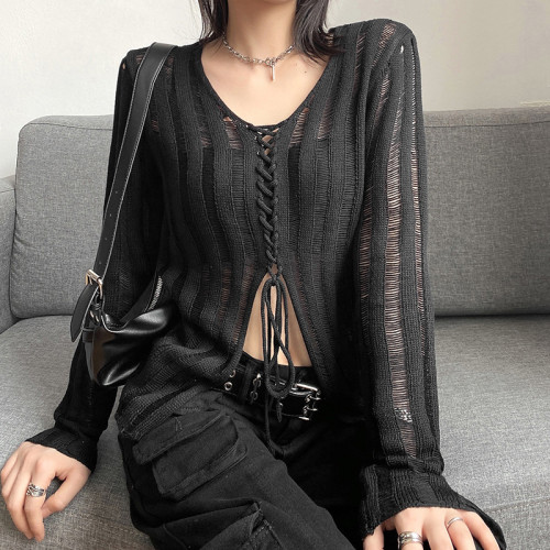 Thin Sexy Spicy Girl Hollow V-neck Loose Long Sleeve Knitted Sweater