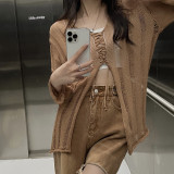 Thin Sexy Spicy Girl Hollow V-neck Loose Long Sleeve Knitted Sweater