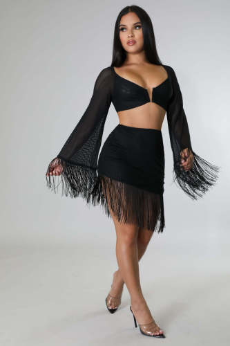 Half length skirt set with tassel solid mesh sexy nightclub two-piece set