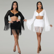 Half length skirt set with tassel solid mesh sexy nightclub two-piece set