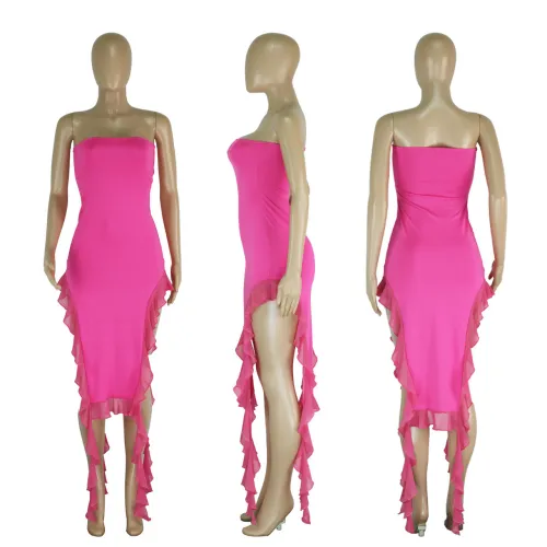 Temperament Wrapped Chest Mesh Panel Ruffle Edge Split Dress