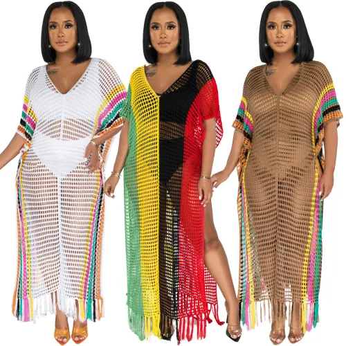 Women's Long Skirt Sexy Wool Woven Hand Hook Knitted Tassel Colored Beach Skirt