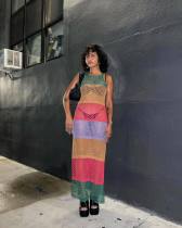 Fashionable and trendy women's new round neck sleeveless contrasting hem split knit dress