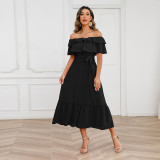 Solid Color Sexy One Line Neck Off Shoulder Mid length Dress Fashion Beach Skirt