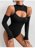 Tight and sexy bare chest bottomed shirt with irregular hollow out long sleeved slim fitting off shoulder jumpsuit