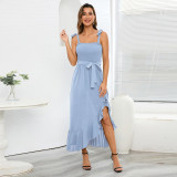 Sexy Slim Cable Wrapped Chest Strap Slit Irregular Dress