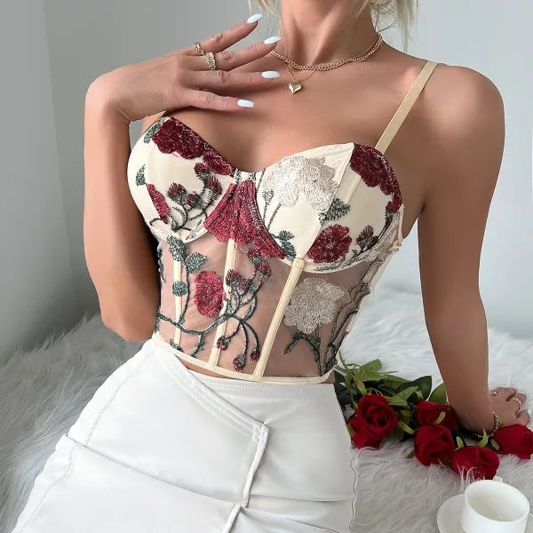 Mesh flower embroidered steel ring fishbone vest