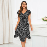 Fashion Slim Fit V-neck Ruffle Short Sleeve Leopard Print Dress Irregular Hem Dress