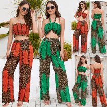 Slim fitting bra hanging neck top printed wide leg pants casual fashion pants set