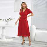 V-neck bubble sleeved pleated skirt slimming temperament long dress