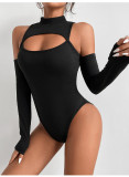 Tight and sexy bare chest bottomed shirt with irregular hollow out long sleeved slim fitting off shoulder jumpsuit