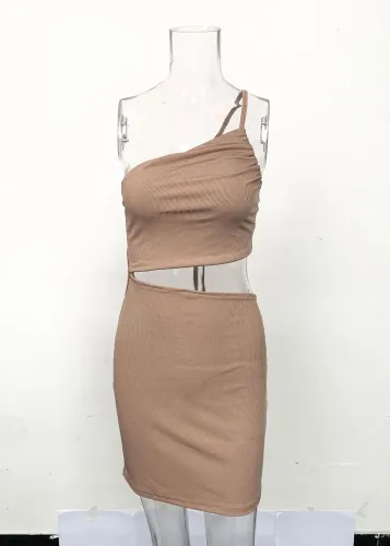 Single shoulder drawstring dress with hollowed out buttocks and suspenders short dress