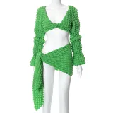 Solid Twisted Open Umbilical Long Sleeve Short Skirt Casual Set