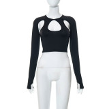 Solid color navel exposed hollow long sleeved slim fitting top