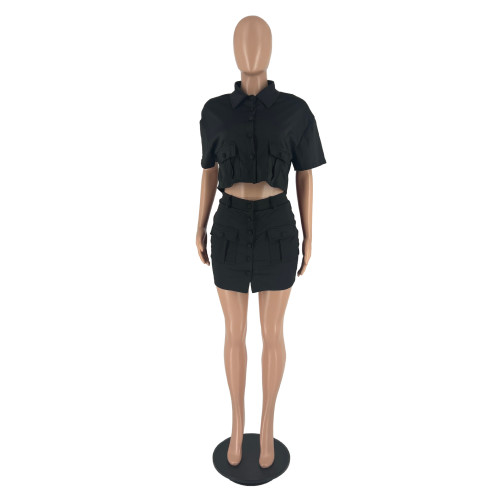 Women's Solid Button Work Dress Double Pocket Camo Short Skirt Women's Fashion Casual Set Skirt