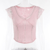 Casual Versatile Slim Fit Retro V-Neck Lace Small Flying Sleeve Tank Top