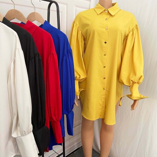 Large Women's Loose Bubble Sleeves Solid Color Long Sleeve Shirt Skirt Foreign Trade Dress