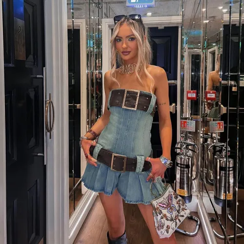 Trendy, Sexy, Slim Fit, Chest Showing, Spicy Girl Dress with 100 pleats on the chest design, Hip Wrap Short Skirt