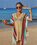 Beach cover shirt, hollowed out knit rainbow vacation bikini cover shirt, sun protection suit