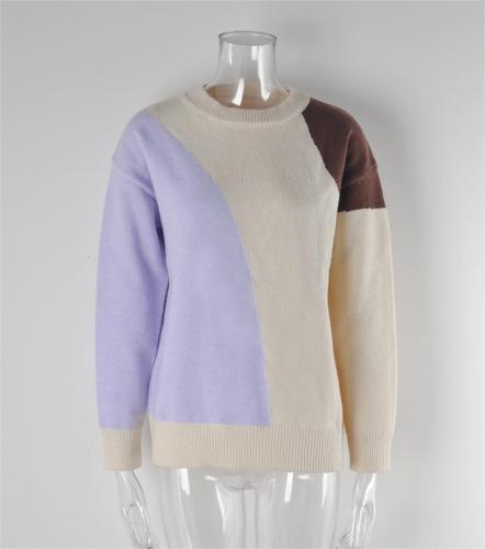 Pullover, patchwork, color matching, oversized slim fitting bottom knit sweater for women