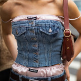 Fashion Street Trend Denim Elastic Wrap Chest Button Top