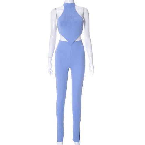 Solid color halter top and pants casual set