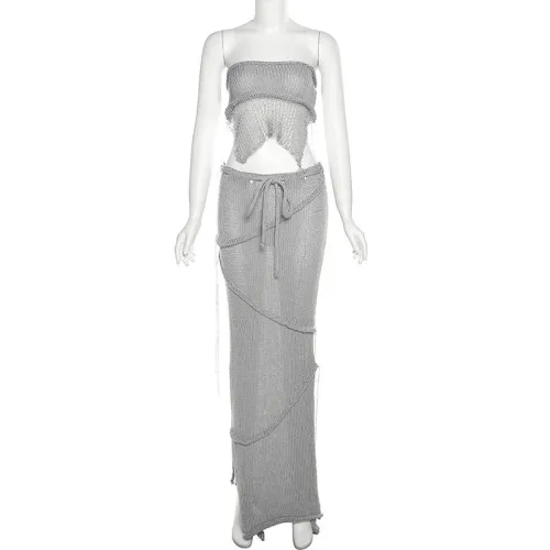 Sexy Wrapped Chest Open Back Lace Up Open Back Top Tassel Knitted Skirt Set