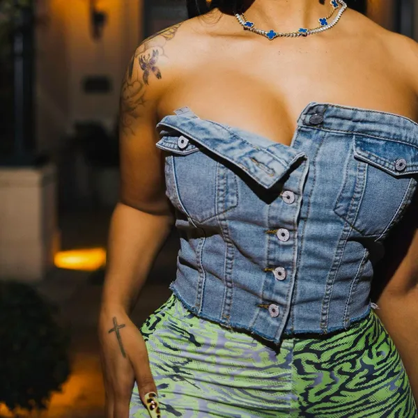 Fashion Street Trend Denim Elastic Wrap Chest Button Top