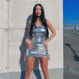 Metallic tube top jumpsuit drawstring pleated hip skirt suit