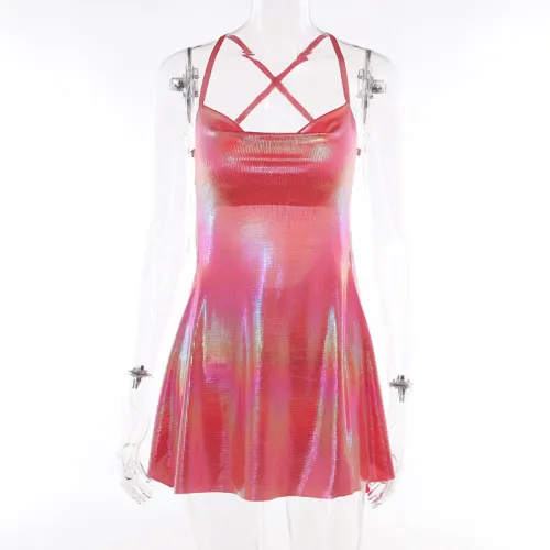 Strap pocket collar backless shiny dress party skirt