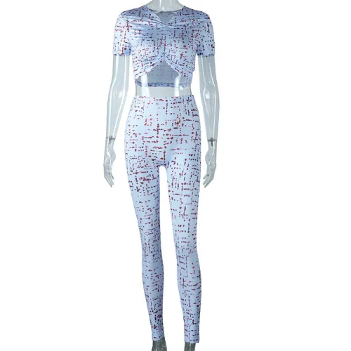 Fashion printed sexy open navel pleated top short sleeved tight fitness pants two-piece set