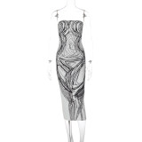 Chest wrapped digital printed mid length dress with a slim fit and elegant temperament