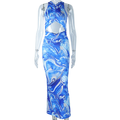 Hollow out tight fitting dress with round neck and open backpack buttocks, one step long skirt, digital print, holiday style skirt