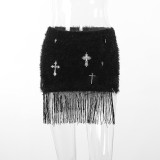 Mao Mao short skirt with high waist cross printed tassels.