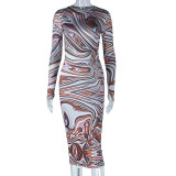 Fashionable retro printed round neck long sleeved buttocks wrapped long sleeved slim fitting mid length dress