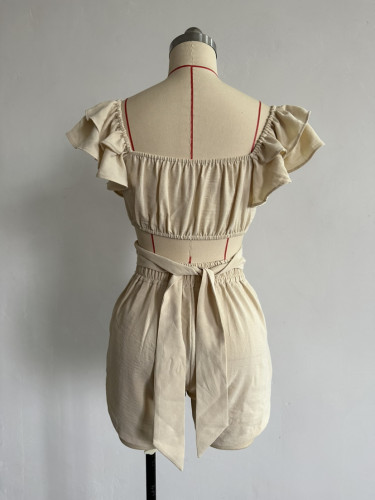 Fresh and sweet ruffle lace waistcoat high waist shorts two-piece set