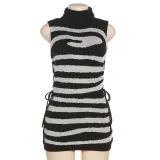 Fashionable Women's Knitted Tight Waist Tie up Contrast Color Wrapped Hip Dress