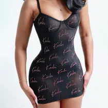 Sling letter printed short skirt sexy mesh perspective spice dress
