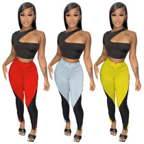 Women's open back sexy irregular short sleeved T-shirt with patchwork pants two-piece set