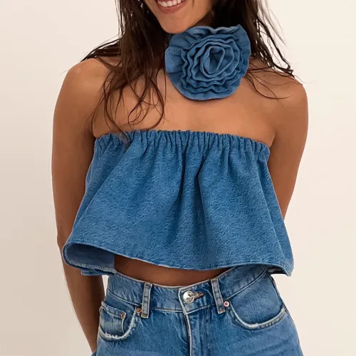 Off Shoulder Short Flower Spicy Girl Denim Bra