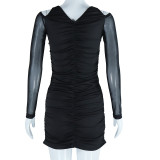 Women's pleated tight fitting dress with mesh stitching, perspective buttock wrap skirt, solid color pullover skirt