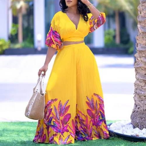 Women's fashion V-neck printed top wide leg pants two-piece set