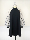 Standing collar lantern sleeve polka dot dress for daily commuting comfort, raglan sleeves, A-line skirt