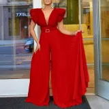 Matching belt sexy deep V pleated wide leg oversized jumpsuit