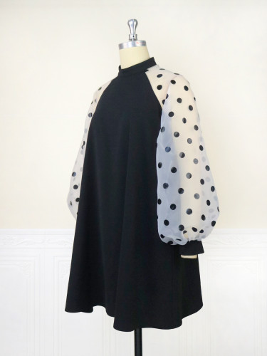 Standing collar lantern sleeve polka dot dress for daily commuting comfort, raglan sleeves, A-line skirt